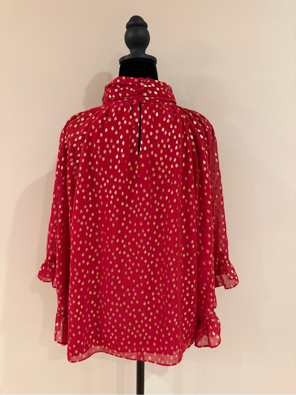 Vince Camuto Red With Gold Dot Button Neck Flutter Sleeve Blouse - Picture 4 of 8